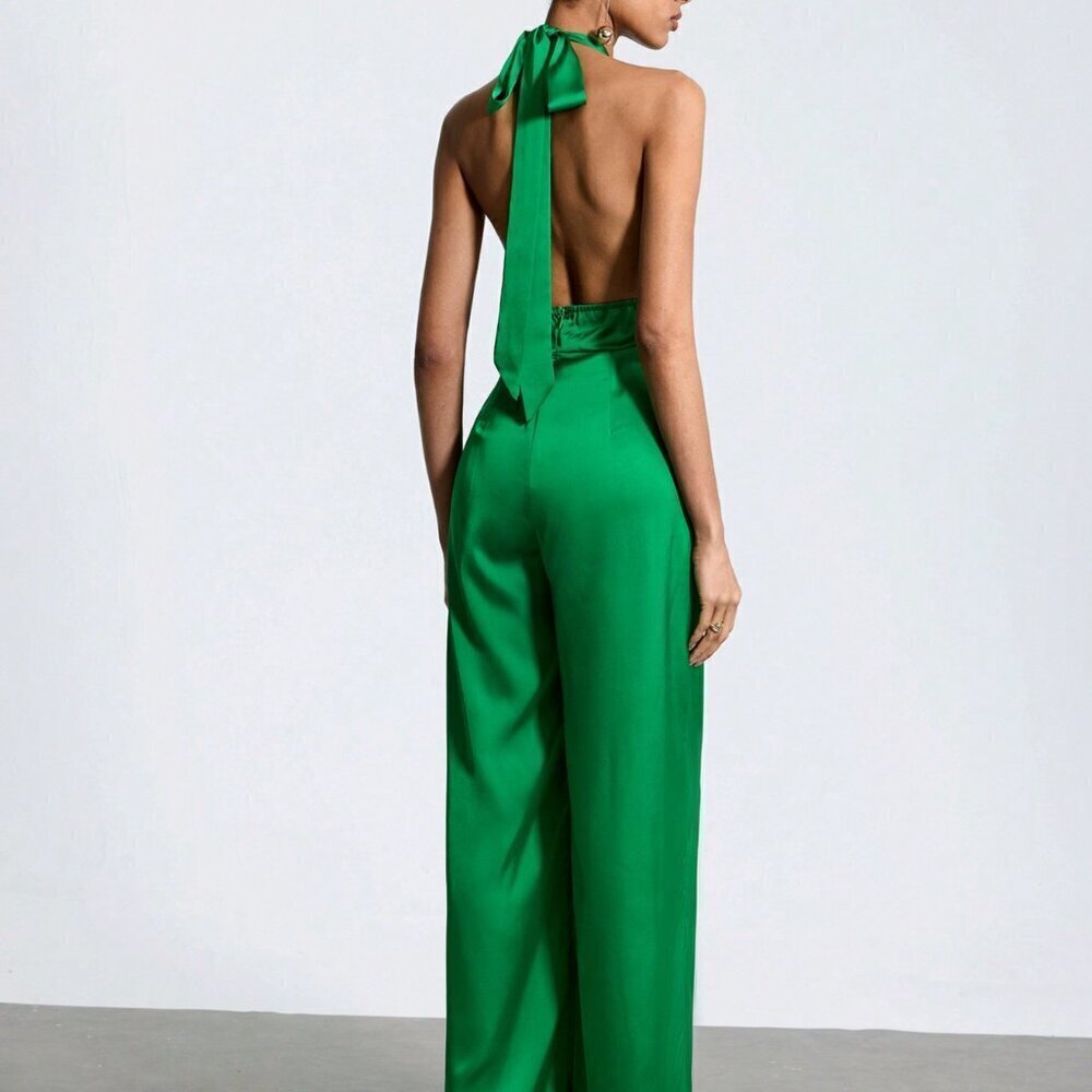 Green Elegant Women's Solid Color Halter Neck Strap Backless Jumpsuit - Picture 2 of 7
